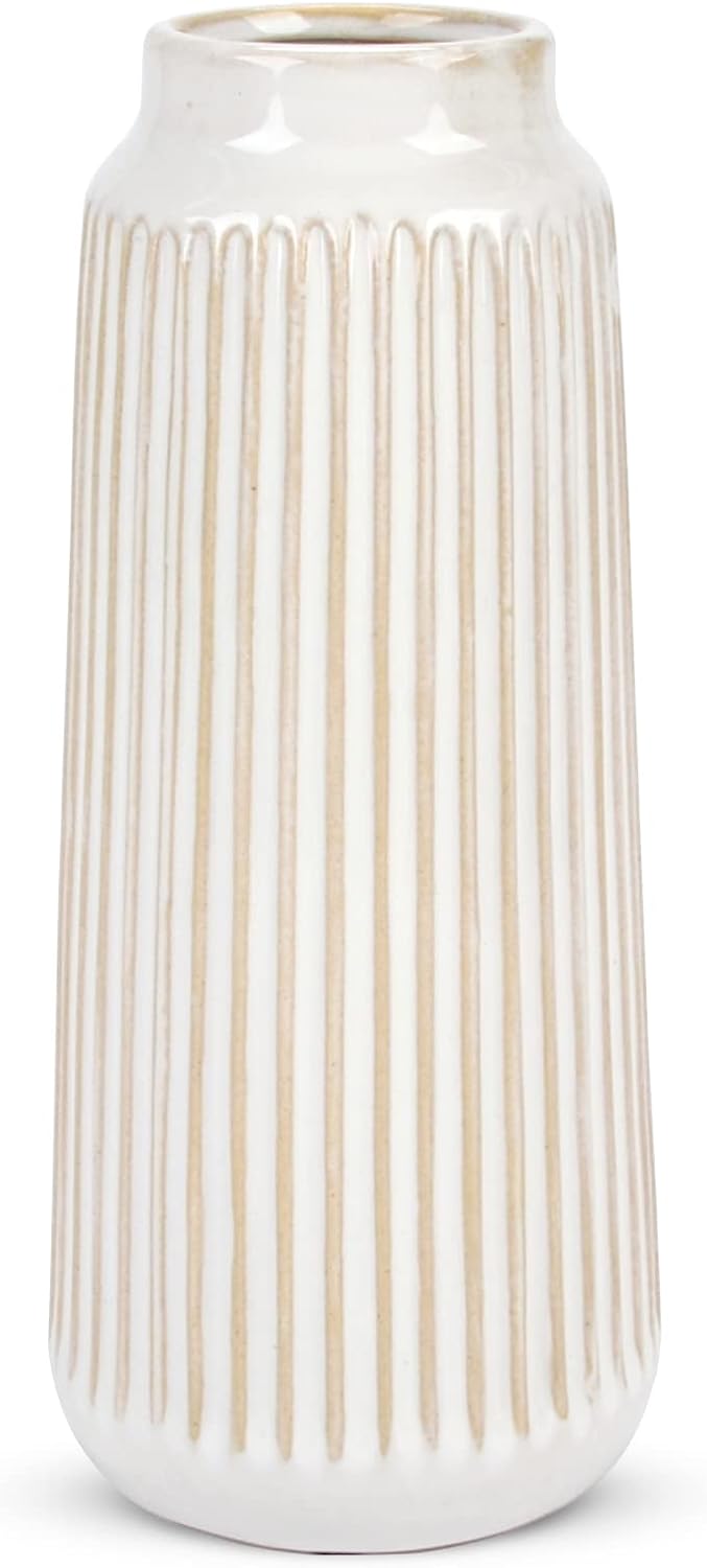 9 Inch White Ceramic Vase Decor, Flower Vase Modern, Boho Vases for Pampas Grass Home Decor, Decorative White Vases for Flowers Mantel, Living Room, Off-White