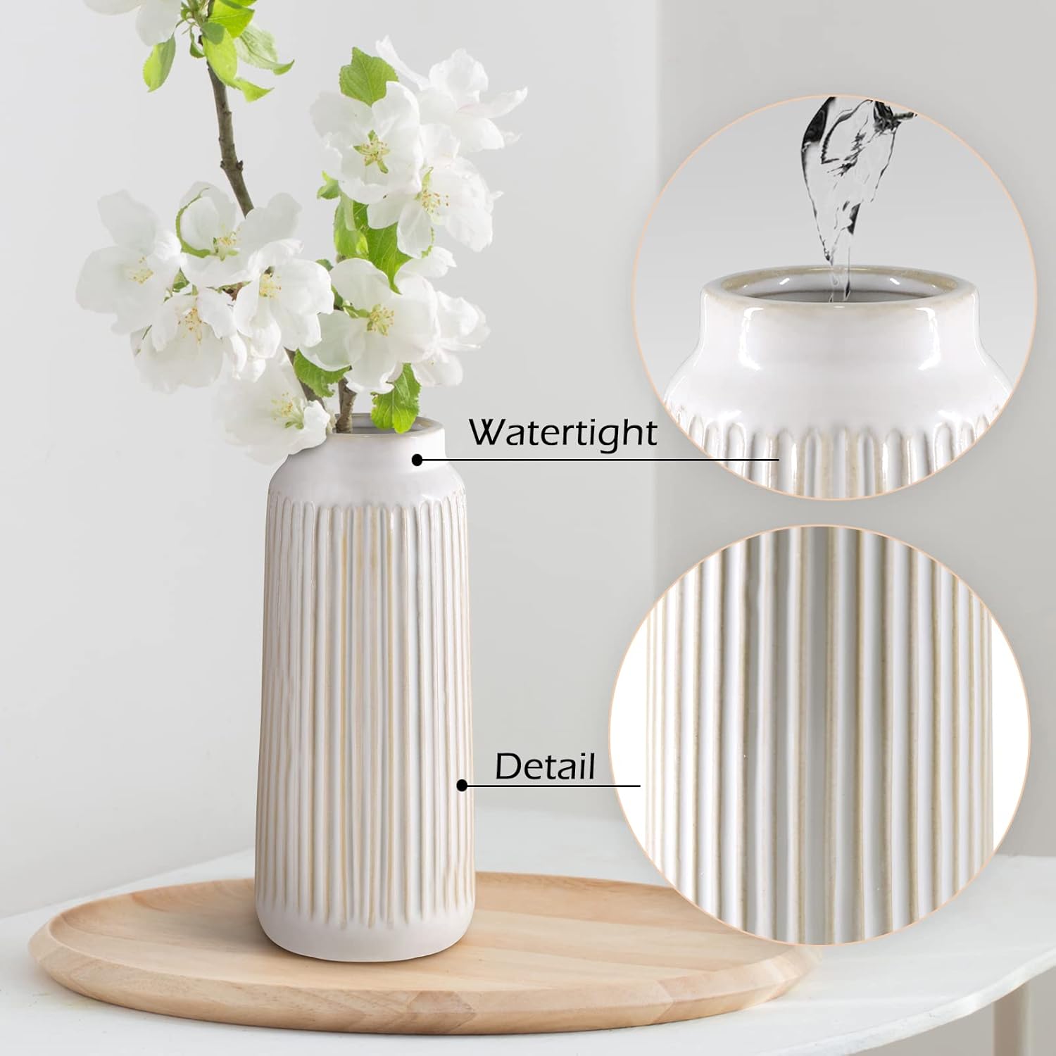 9 Inch White Ceramic Vase Decor, Flower Vase Modern, Boho Vases for Pampas Grass Home Decor, Decorative White Vases for Flowers Mantel, Living Room, Off-White