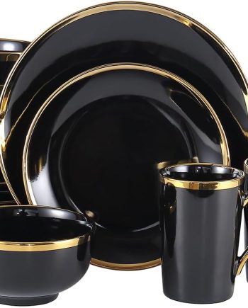 Modern Porcelain 16 Piece Black and Gold Dinnerware Set, Plates and Bowls Set,Dish set for 4, Black and Golden Rim.