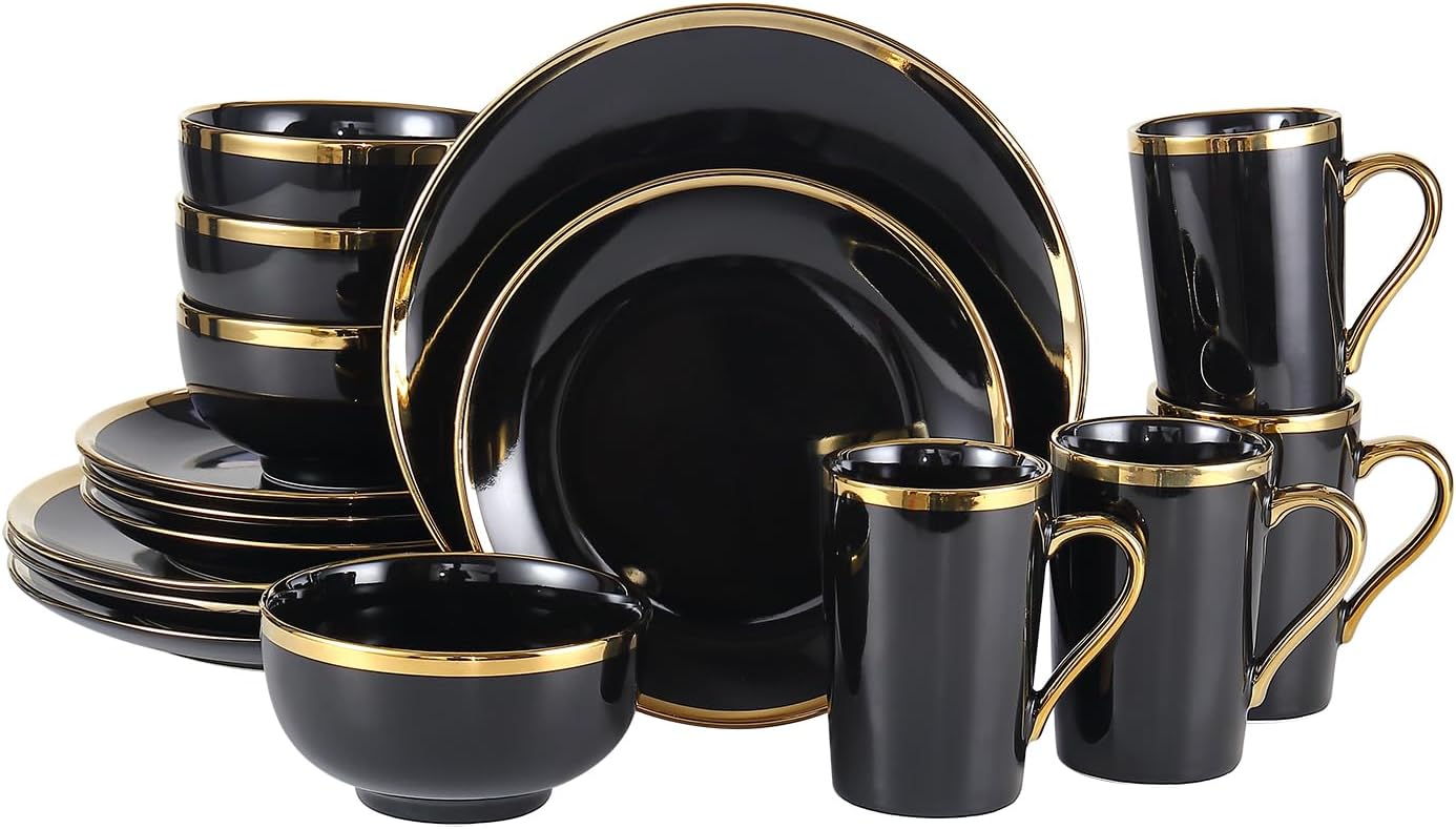 Modern Porcelain 16 Piece Black and Gold Dinnerware Set, Plates and Bowls Set,Dish set for 4, Black and Golden Rim.