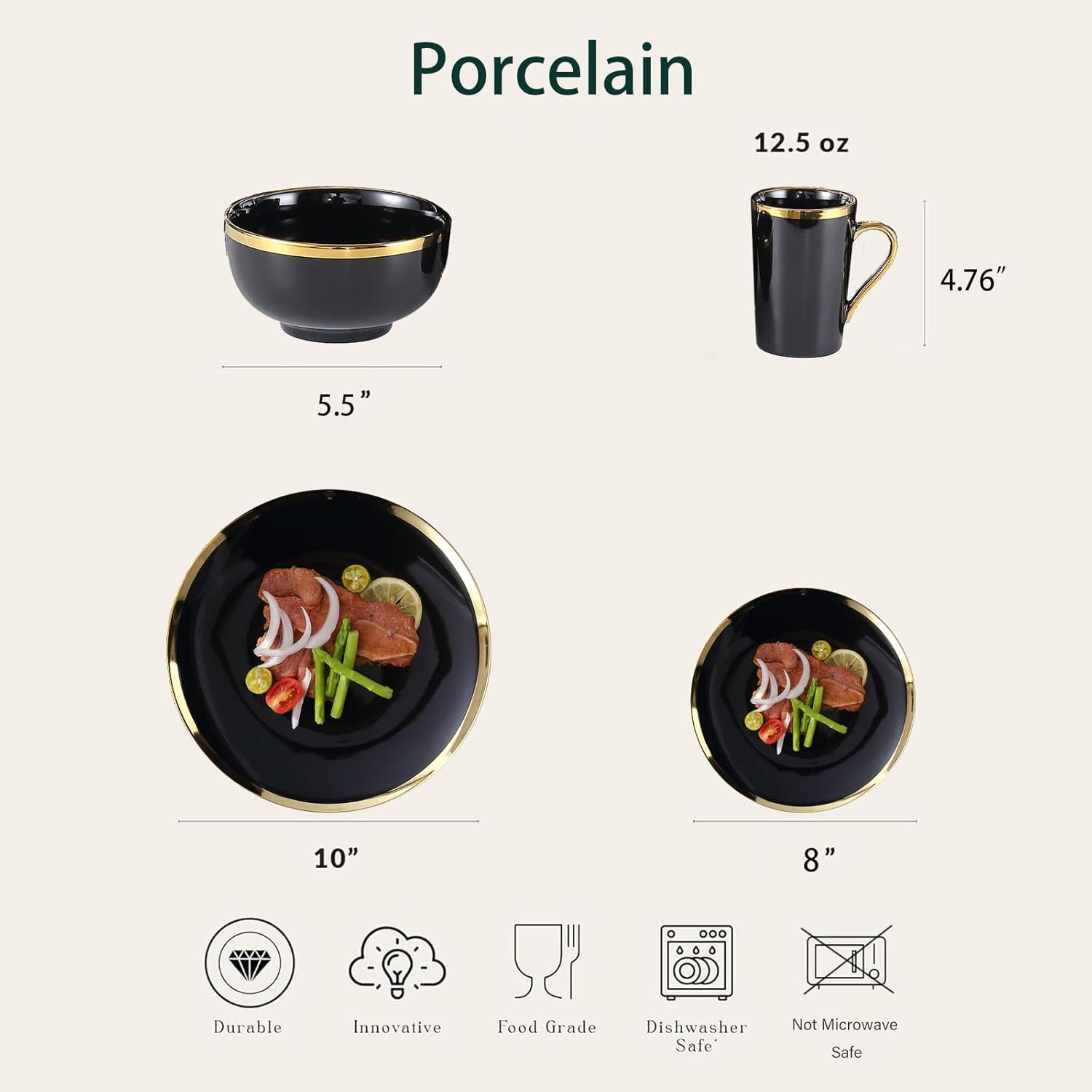 Modern Porcelain 16 Piece Black and Gold Dinnerware Set, Plates and Bowls Set,Dish set for 4, Black and Golden Rim.