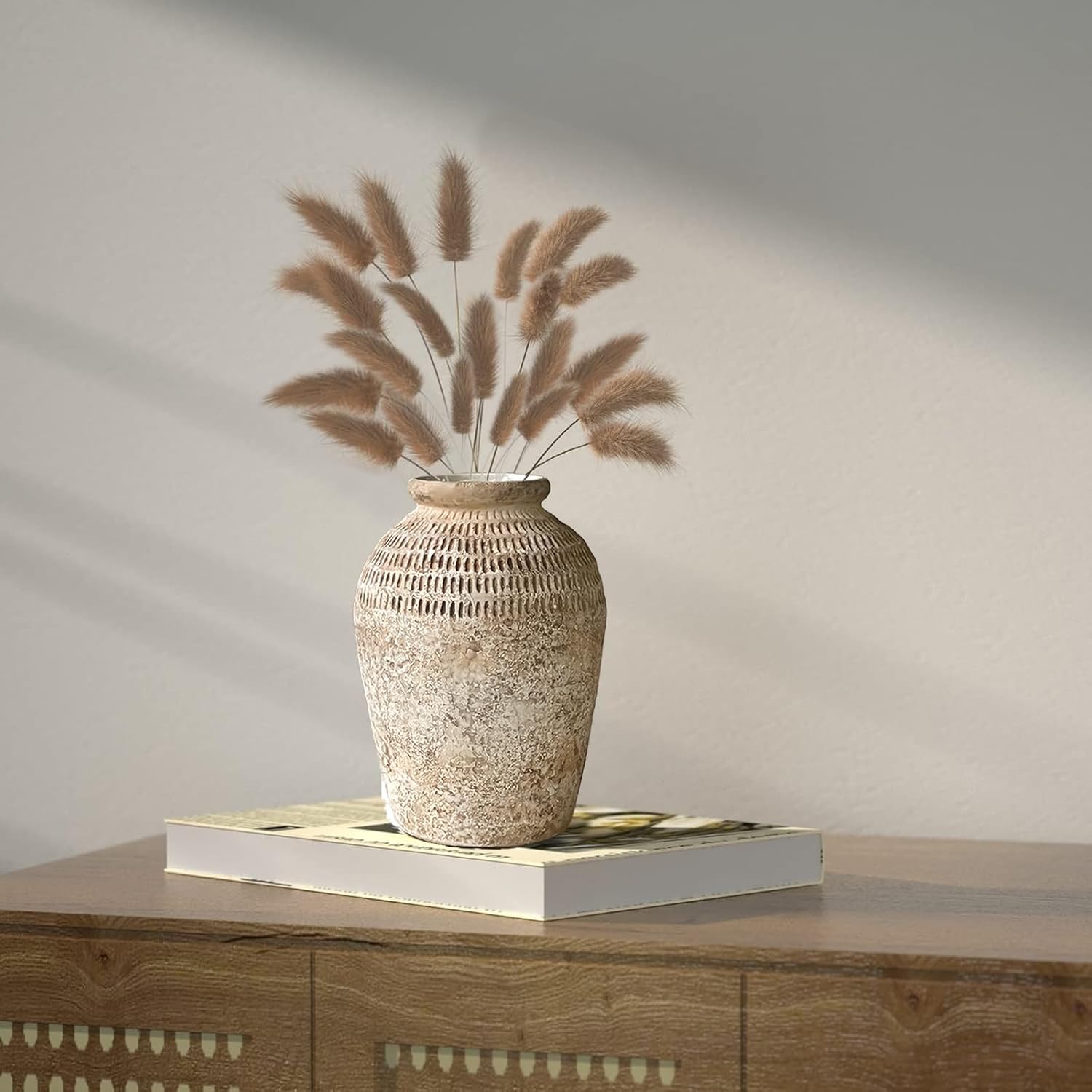 Rustic Ceramic Farmhouse Decor Large Vase - 8.85" Hydroponic Vase White Farmhouse Vases Boho Vase Terra Cotta Pottery Vase for Home Decor, Living Room Decoration, Entryway Decor, Mantel Decorative