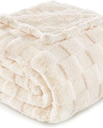 Fleece Throw Blanket for Couch,Super Soft and Warm Lightweight Checkered Pattern Blankets for All Seasons, 50x60 Inches, Ivory