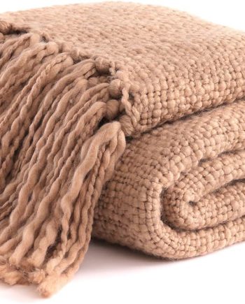 Basketweave Chunky Knit Throw, Solid Neutral Vibe Textured Blanket with Tassel for Home Decor, 50 x 60 in, Beige