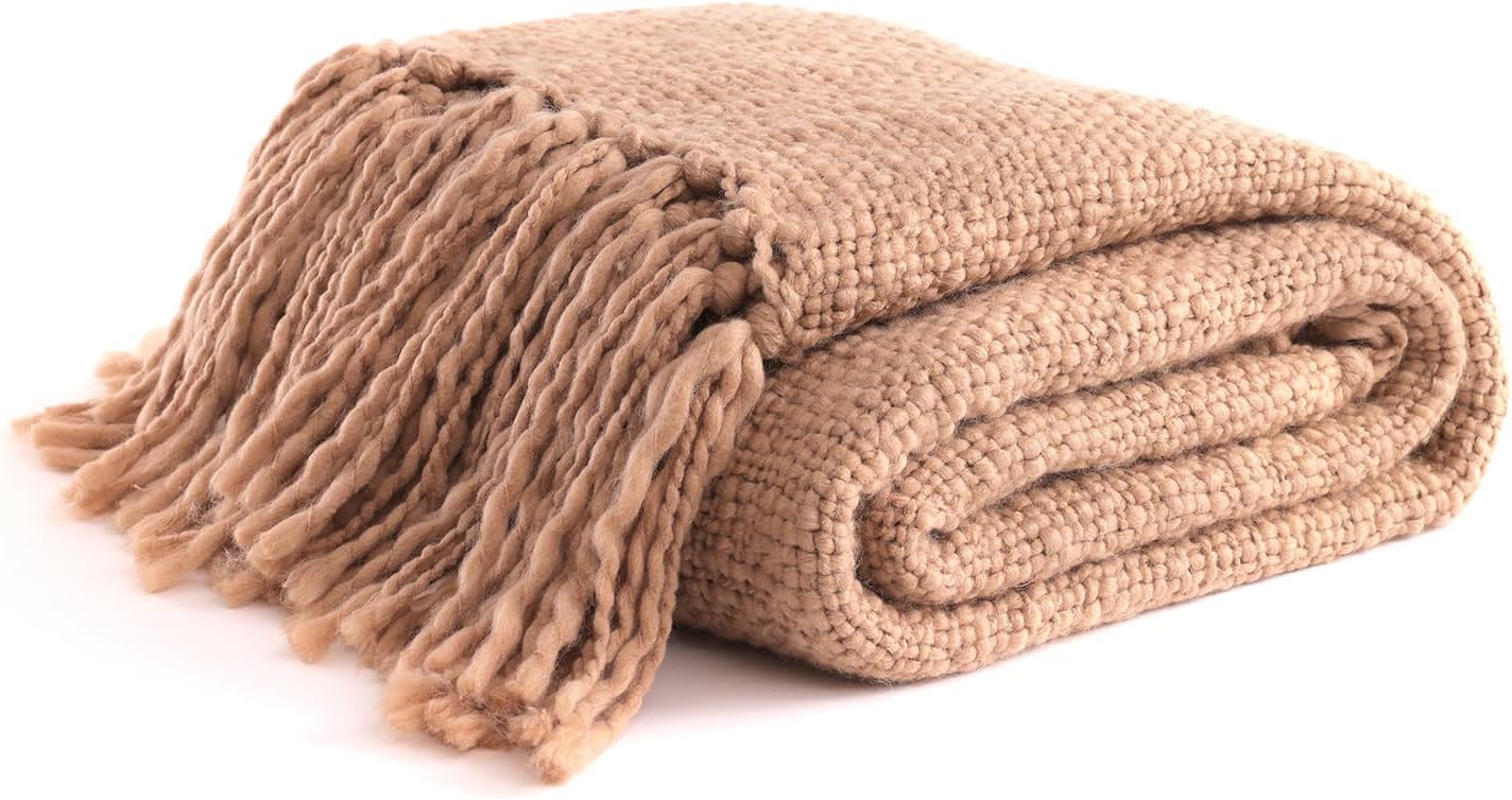 Basketweave Chunky Knit Throw, Solid Neutral Vibe Textured Blanket with Tassel for Home Decor, 50 x 60 in, Beige