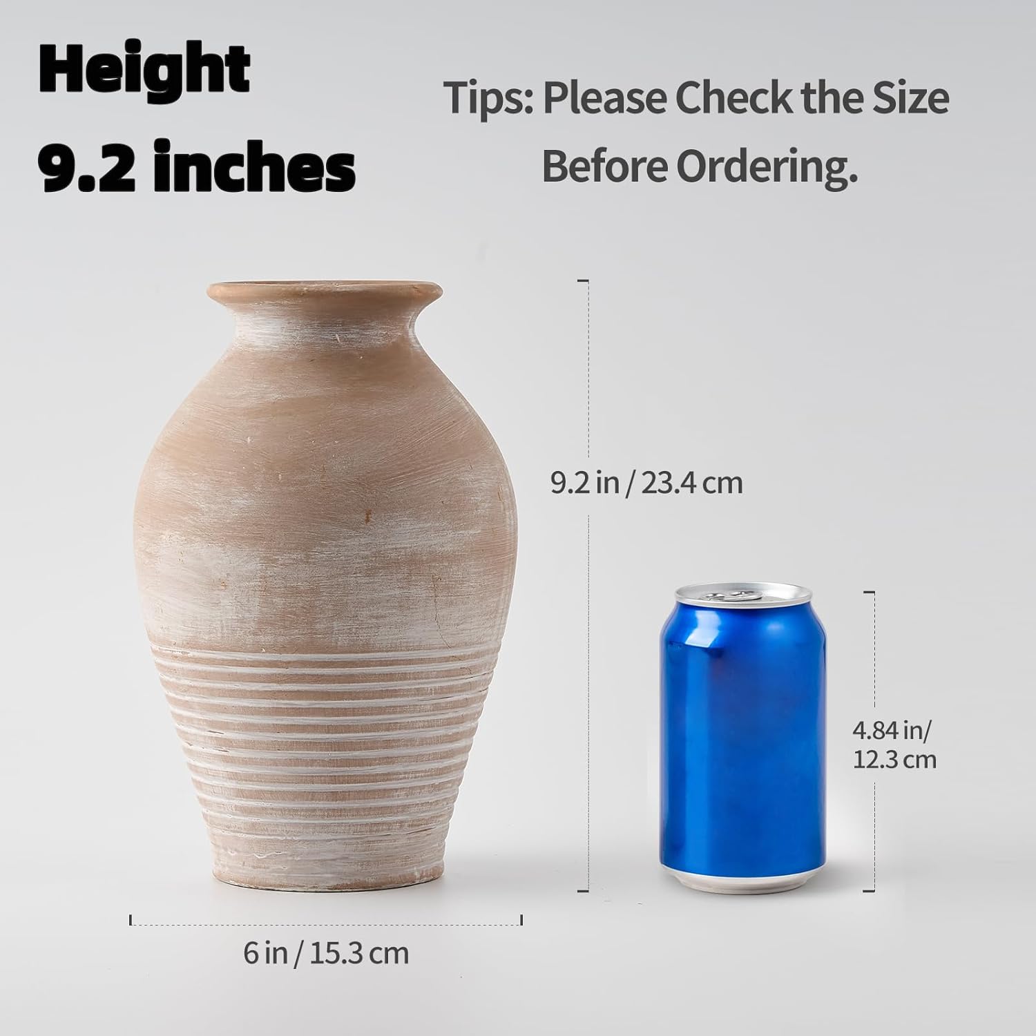 Ceramic Rustic Farmhouse Vase, 9.2 inch Whitewashed Terracotta Vase, Pottery Decorative Flower Vases,Clay Decorative Vases for Home Decor, Table, Living Room, Shelf, Mantel Decoration