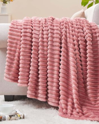 Fleece Throw Blanket for Couch – 3D Ribbed Jacquard Soft and Warm Decorative Fuzzy Blanket – Cozy, Fluffy, Plush Lightweight Pink Throw Blankets for Bed, Sofa, 50x60 inches