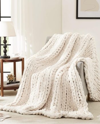 Chunky Knit Blanket Throw,Soft Chenille Yarn Throw 50x60，Handmade Thick Cable Knit Crochet Blanket, Large Rope Knot Throw Blanket for Couch Home Decor