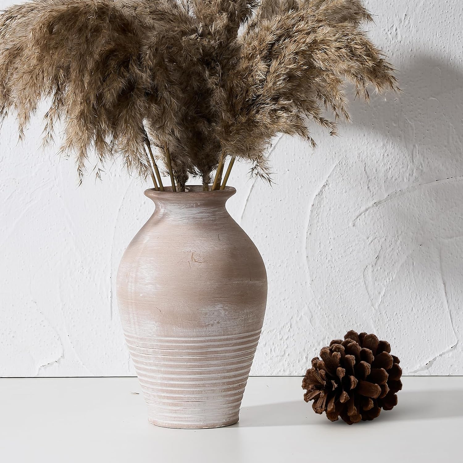 Ceramic Rustic Farmhouse Vase, 9.2 inch Whitewashed Terracotta Vase, Pottery Decorative Flower Vases,Clay Decorative Vases for Home Decor, Table, Living Room, Shelf, Mantel Decoration