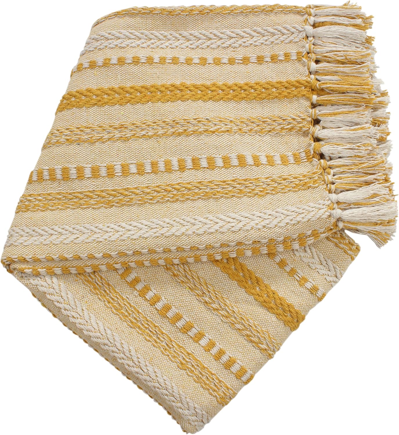 Handwoven Cotton Boho Throw Blanket with Tassels – All Season Throw for Decorative Luxury in Living Room or Bedroom, Soft Cozy Couch Sofa Bed Blanket, 50x60 Inches (Farm Mustard)