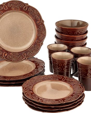 Round Decorated Stoneware Scallop Embossed Dinnerware Dish Set, 16 Piece,