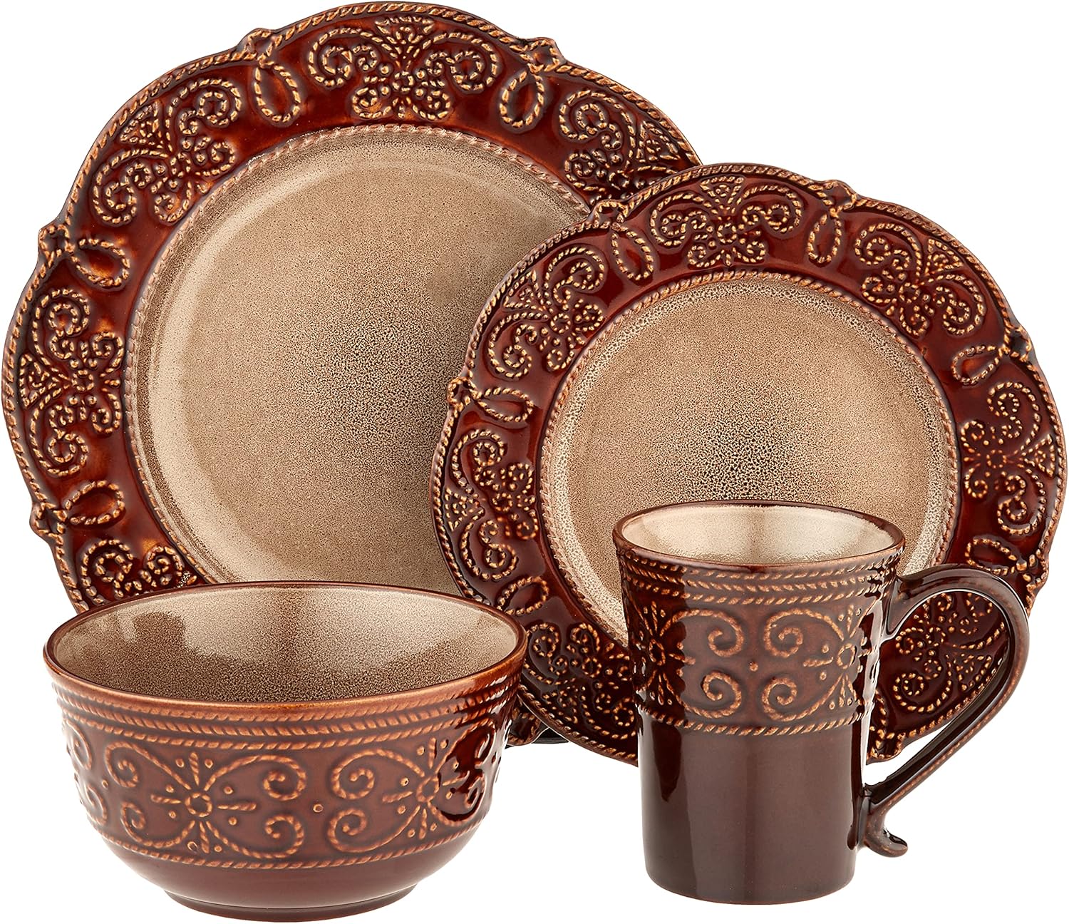 Round Decorated Stoneware Scallop Embossed Dinnerware Dish Set, 16 Piece,