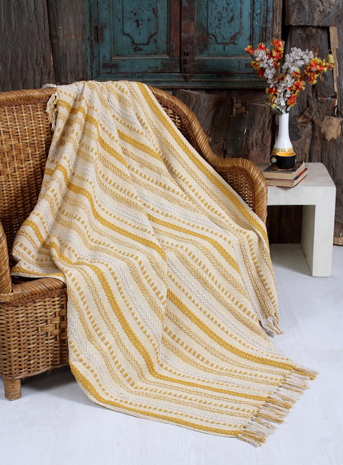 Handwoven Cotton Boho Throw Blanket with Tassels – All Season Throw for Decorative Luxury in Living Room or Bedroom, Soft Cozy Couch Sofa Bed Blanket, 50x60 Inches (Farm Mustard)